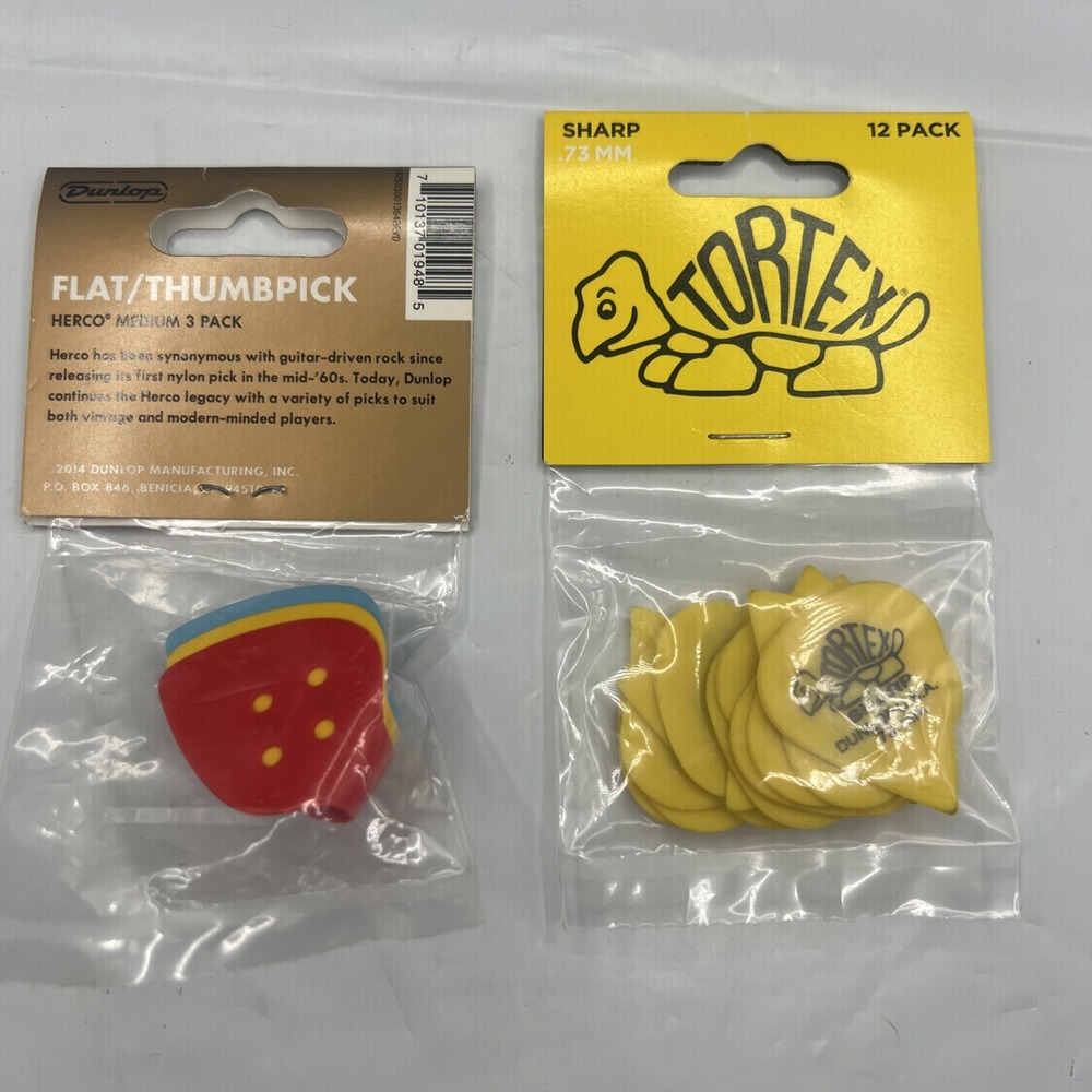 Dunlop Guitar Pick Lot 12 Pack Tortex Sharp .73mm, 3 Pack Herco Thumbpick HE112P